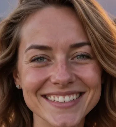 Outdoor portrait after close-up: the same face shape, eyes, and smile expression, with finer skin texture and slightly different tooth shapes