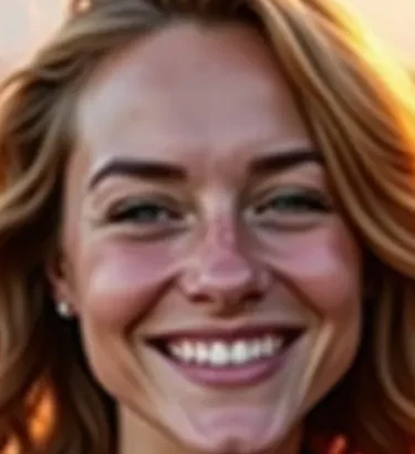 Outdoor portrait before close-up: smooth cheeks, bright highlights, and a broad toothy smile