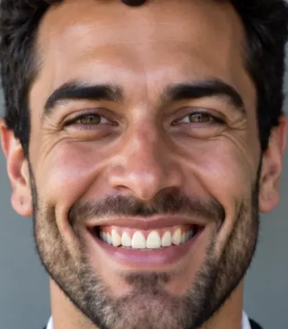 Headshot after close-up: the same face shape and eyes, with clearer forehead and beard texture and slightly different tooth shapes