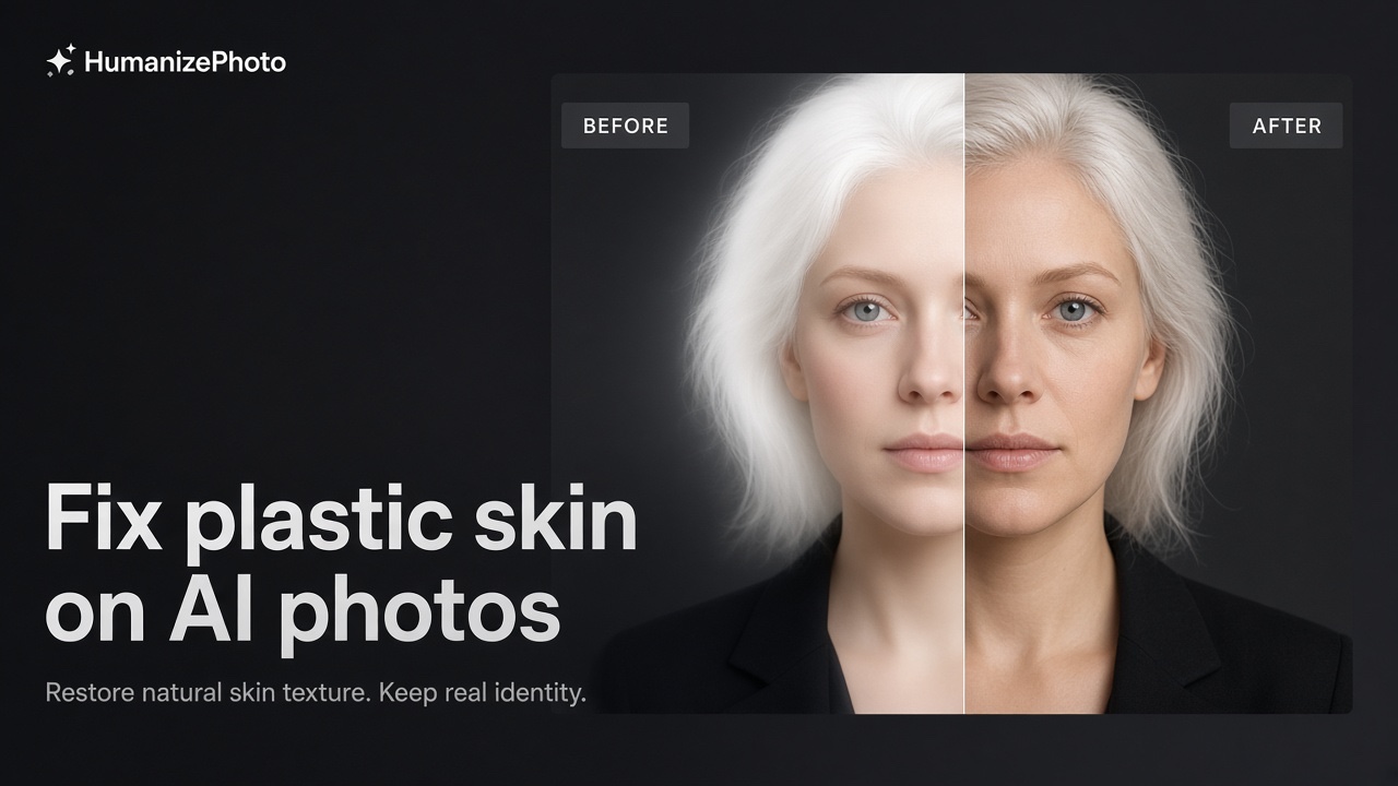 Illustrative before-and-after comparison of an AI portrait with smooth skin and generated skin texture