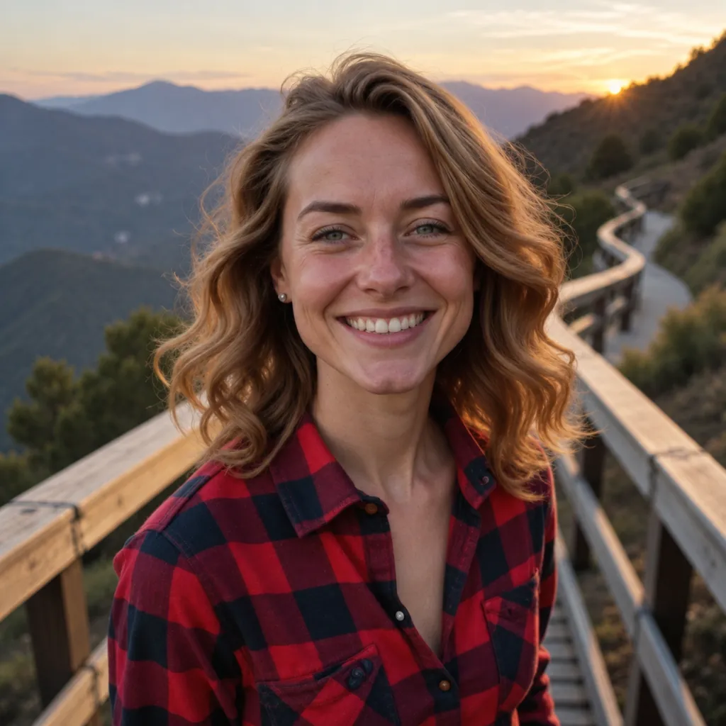 After: the same smiling woman in a plaid shirt, with clearer skin texture, softer shine, and some redrawn sky and railing detail