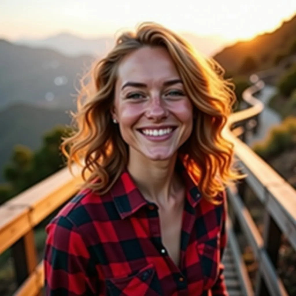 Before: AI outdoor portrait of a woman in a plaid shirt, with glossy cheeks and bright sunset light around her hair